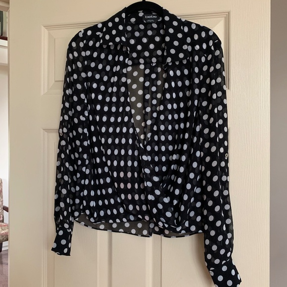 Bebe Black/White Polka Dot Blouson Blouse sz S - Picture 1 of 7